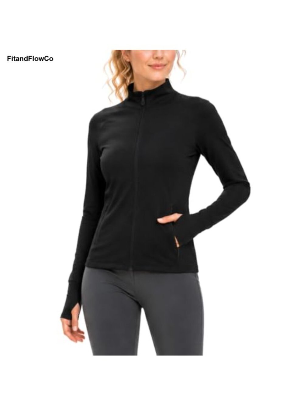 Women's Fleece Zip Up Running Jacket Full Zip Stand Collar Thumbholes